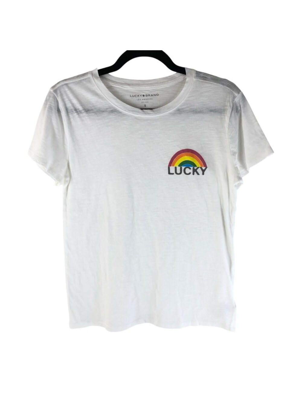 Lucky Brand Womens T Shirt Top Logo Rainbow Slub Knit Short Sleeve White S